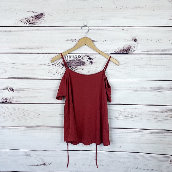 E&M Burnt Orange Lace Up Cold Shoulder Tee Sz S - Picture 3 of 5